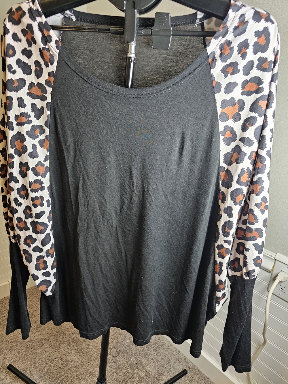 SHEIN Black Raglan Top with Leopard Print Orange Accent Sleeves